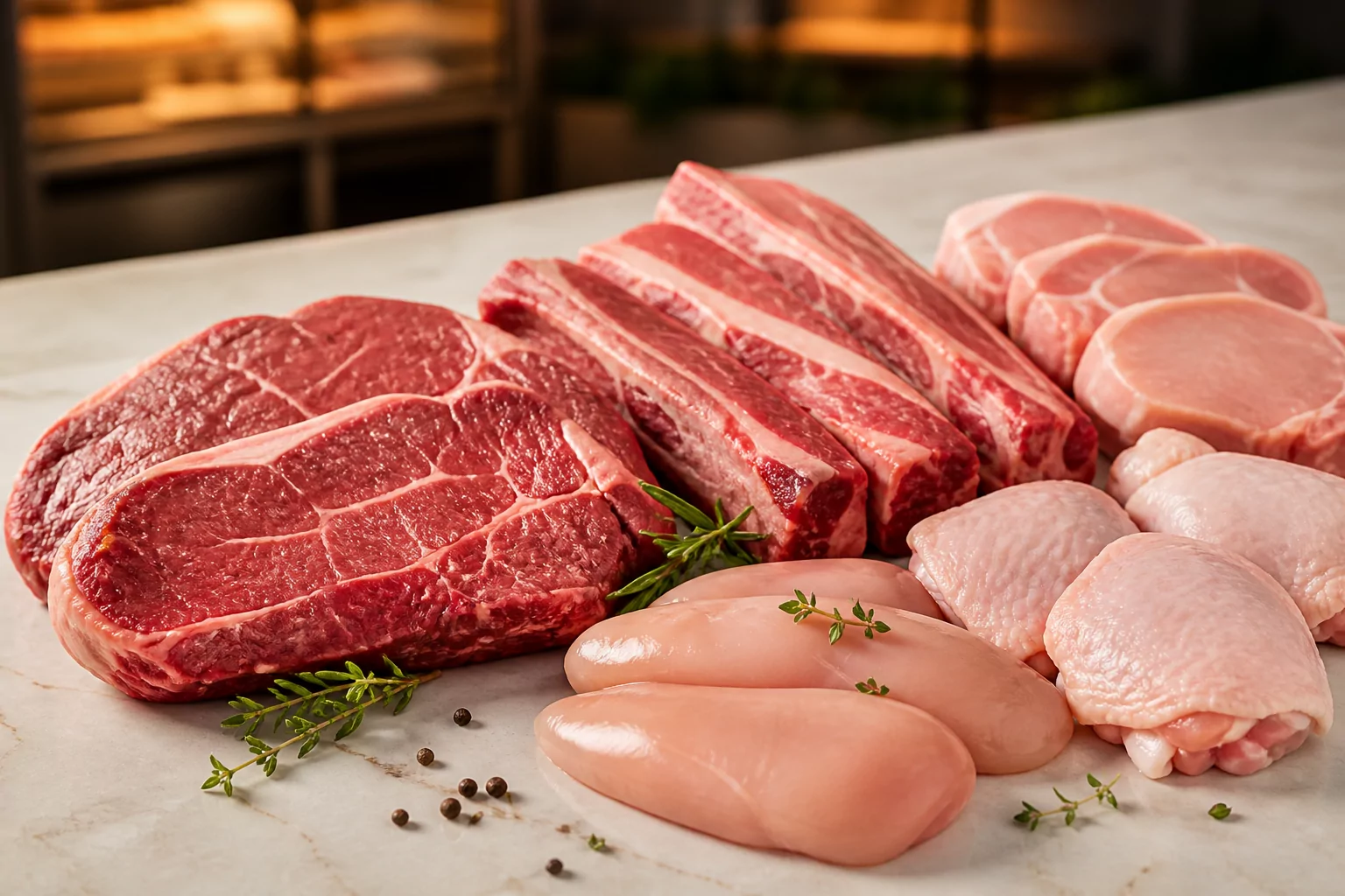 Selección fresca de carne vacuna, pollo y cerdo